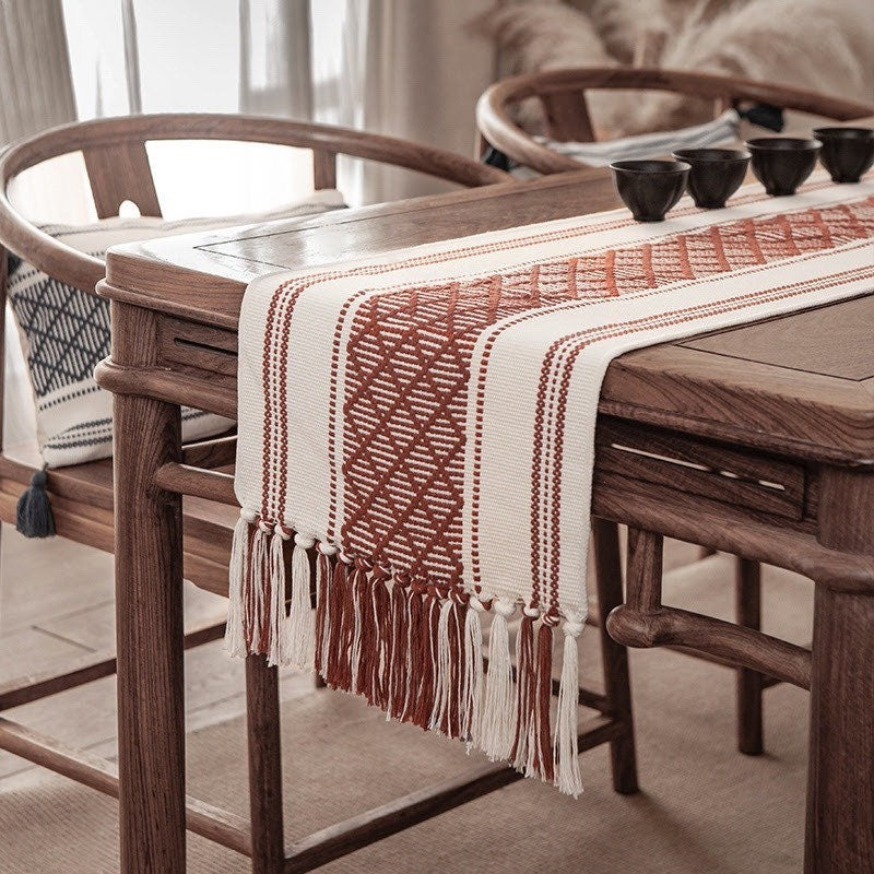 BOHEMIAN TABLE RUNNER , Woven Table Runner with Tassels Boho Farmhouse Runner for all occasions