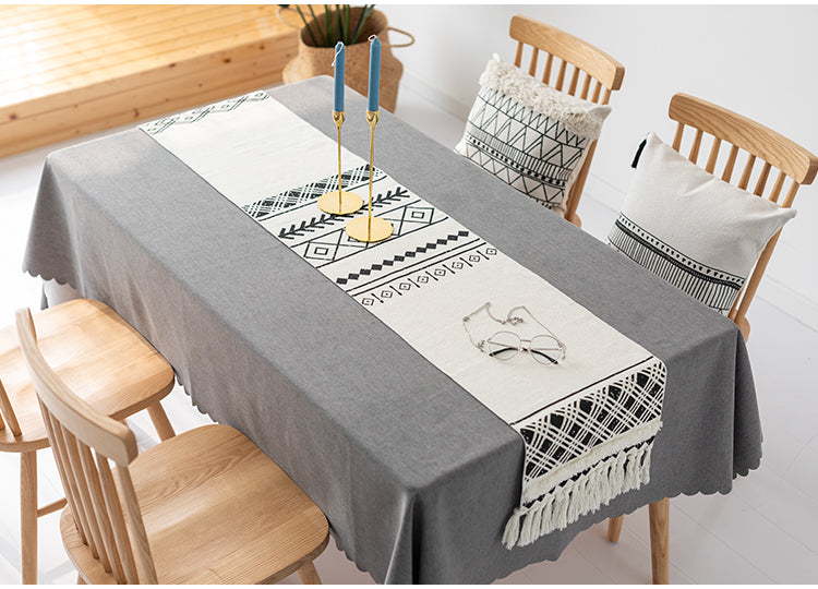 Tobmarc Table Runner Bohemian Black and White Cotton Hand Woven Tufted Diamond Pattern