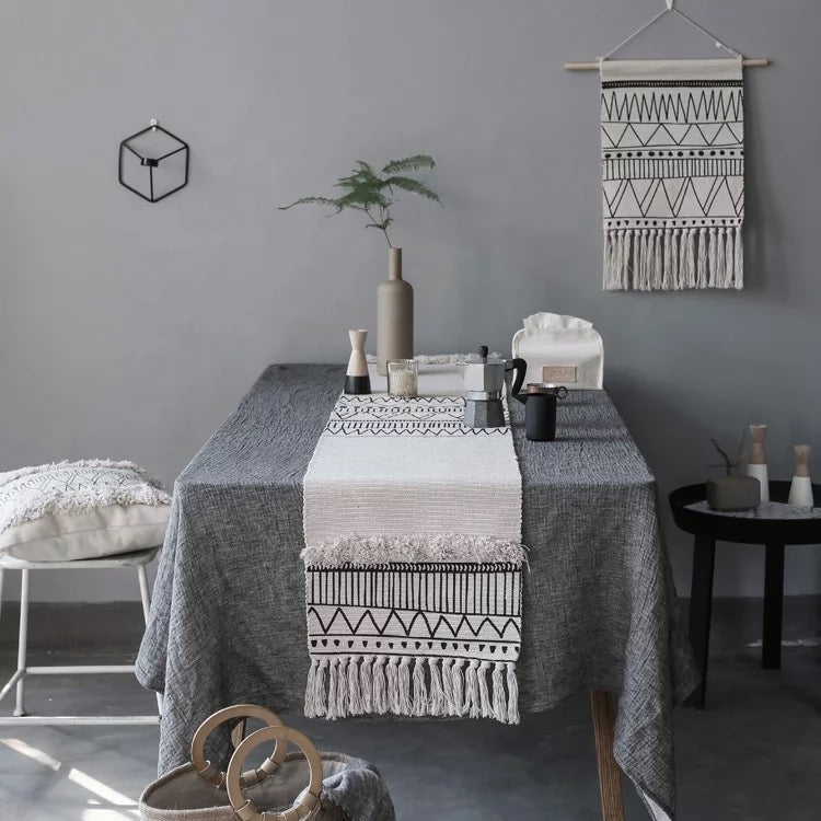 Bohemian Cotton Handmade Woven Tufted Diamond Pattern Table Runner Tassels for Living Room