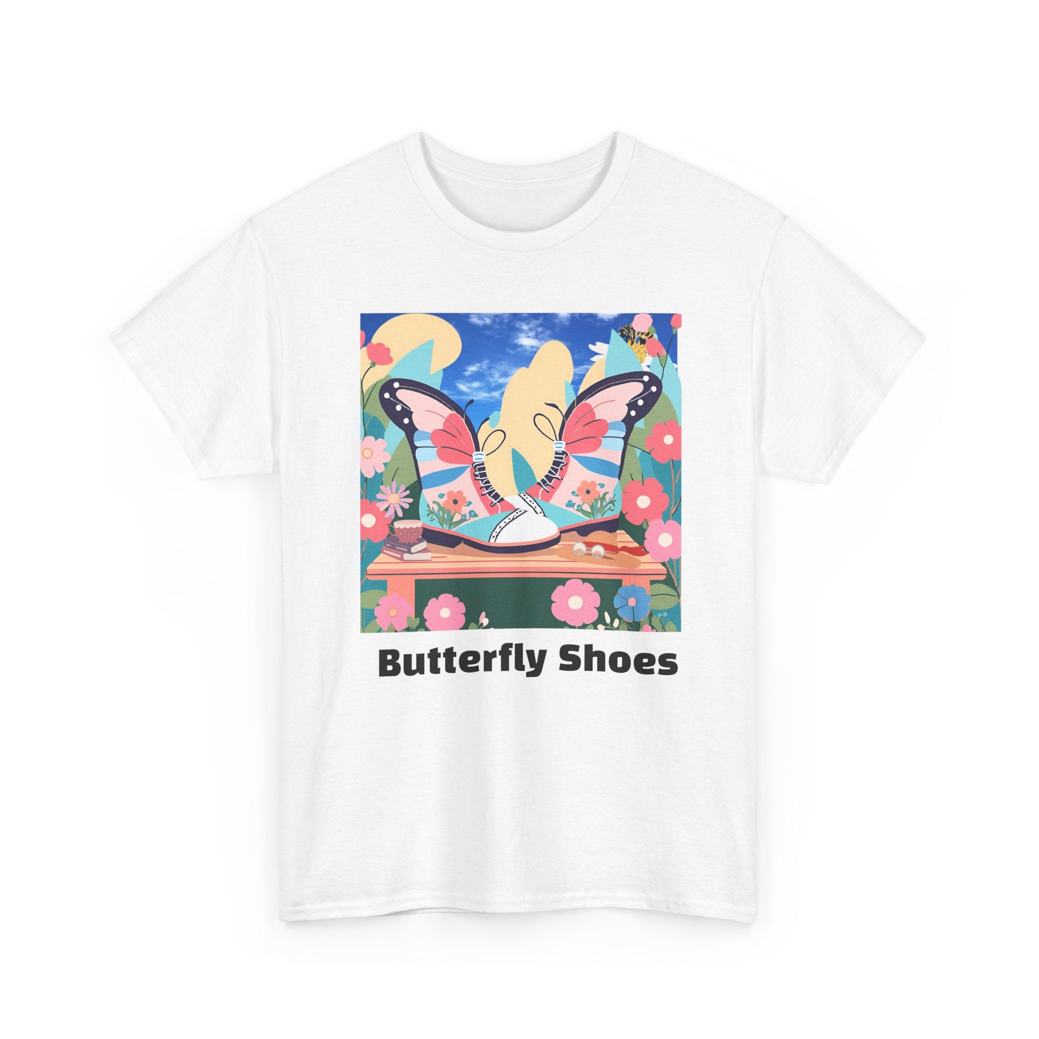 Butterfly Shoe Unisex Heavy Cotton Tee - Colorful Floral Design for Casual Vibes