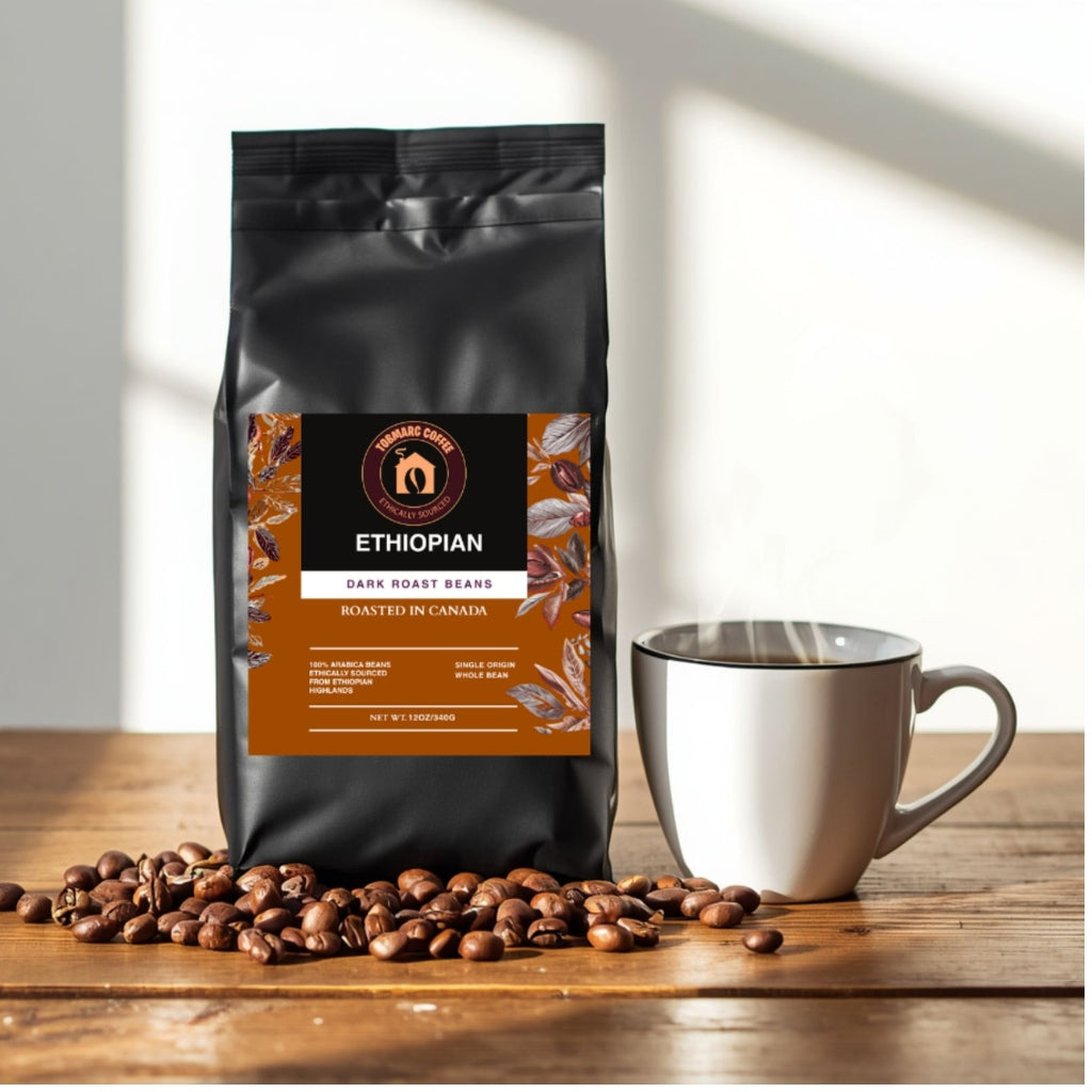 Tobmarc Ethiopian Yirgacheffe Whole Coffee Beans (12 oz) - Single Origin Gourmet High Altitude Arabica - Fresh Roasted Dark Roast with Citrus & Floral Notes