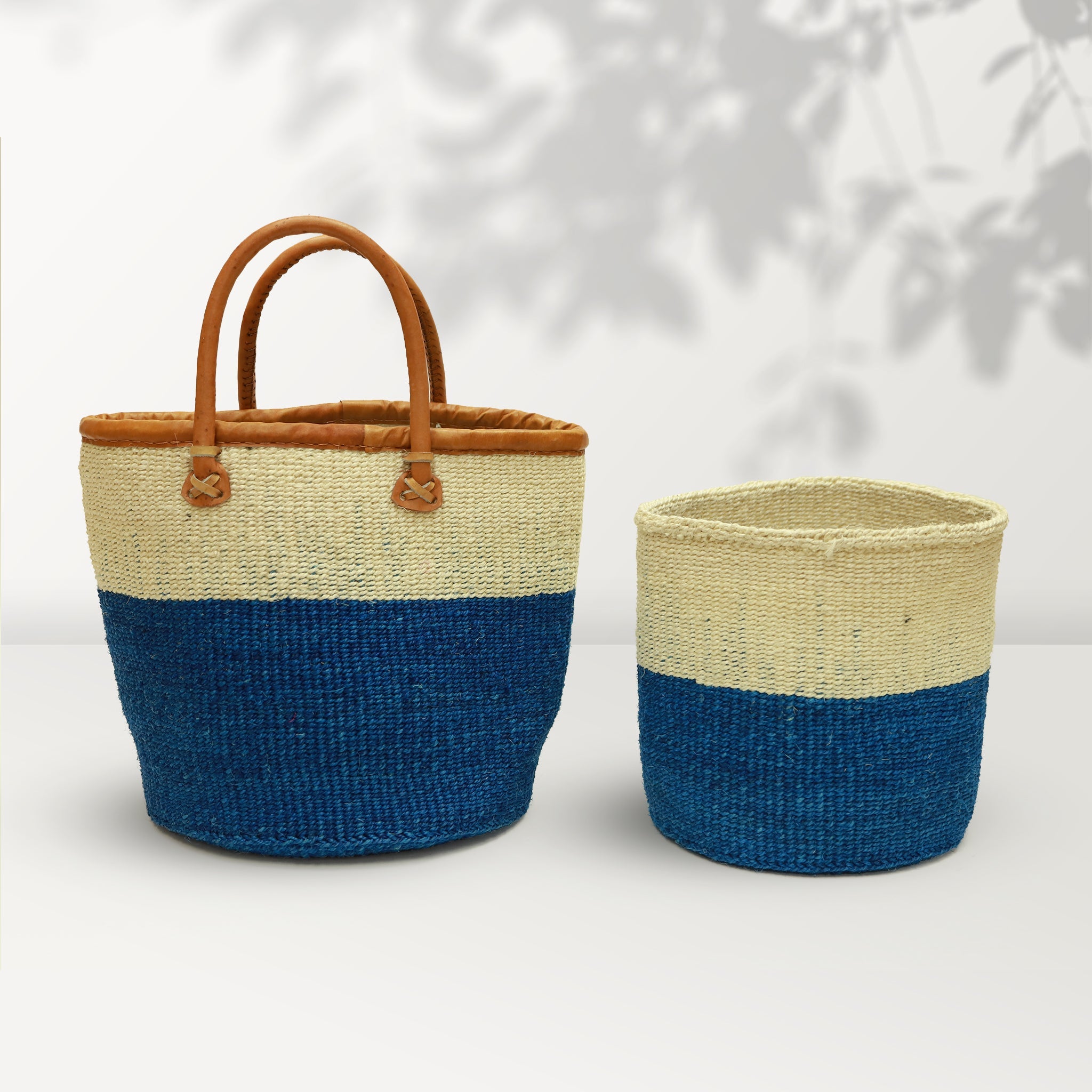 AFRICAN SHOPPING KIONDO  Two-Tone Handwoven Basket with handles for Storage Set  12” and 10” - Tobmarc Home Decor & Gifts 