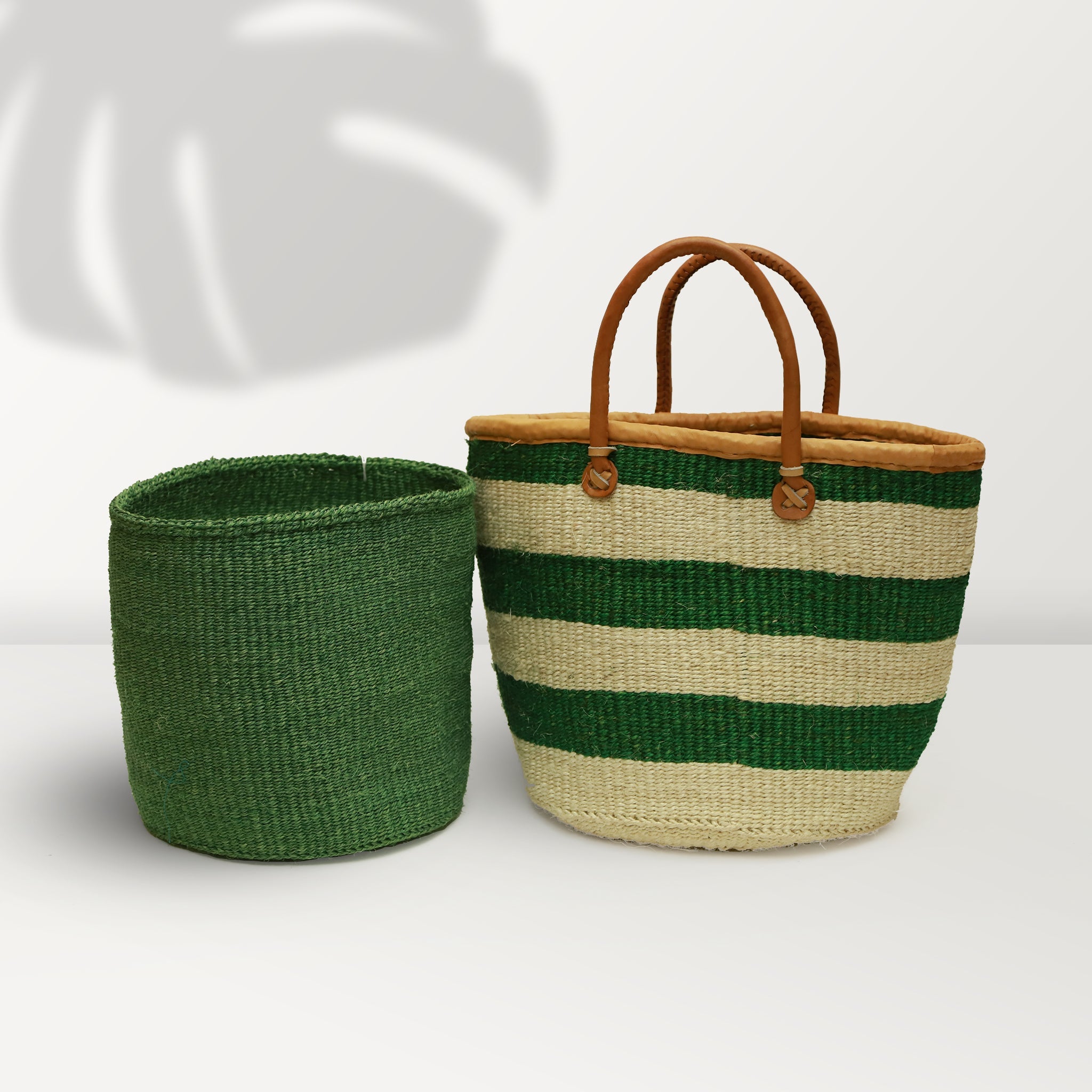 AFRICAN SHOPPING KIONDO  Two-Tone Handwoven Basket with handles for Storage Set  12” and 10” - Tobmarc Home Decor & Gifts 
