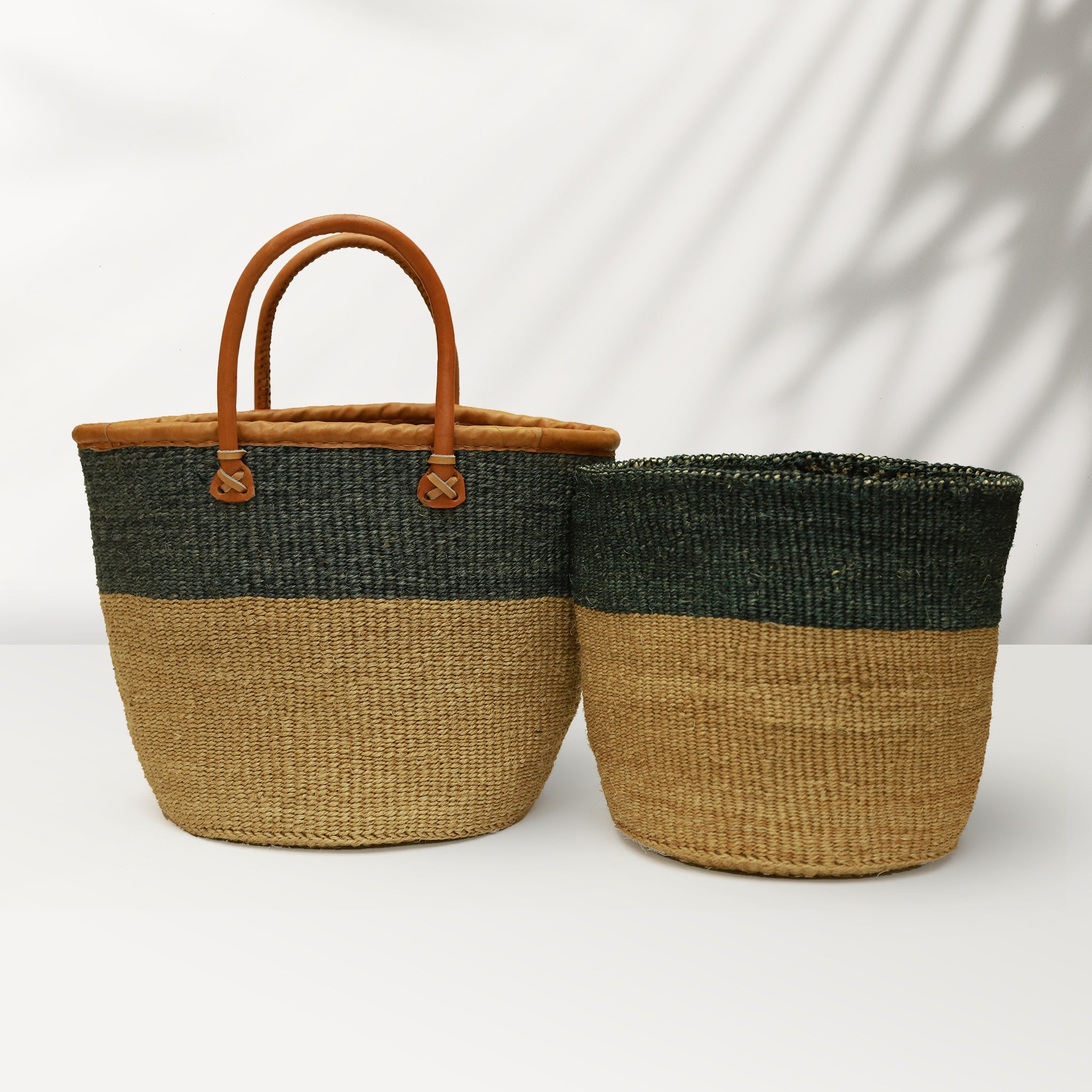 AFRICAN SHOPPING KIONDO  Two-Tone Handwoven Basket with handles for Storage Set  12” and 10” - Tobmarc Home Decor & Gifts 