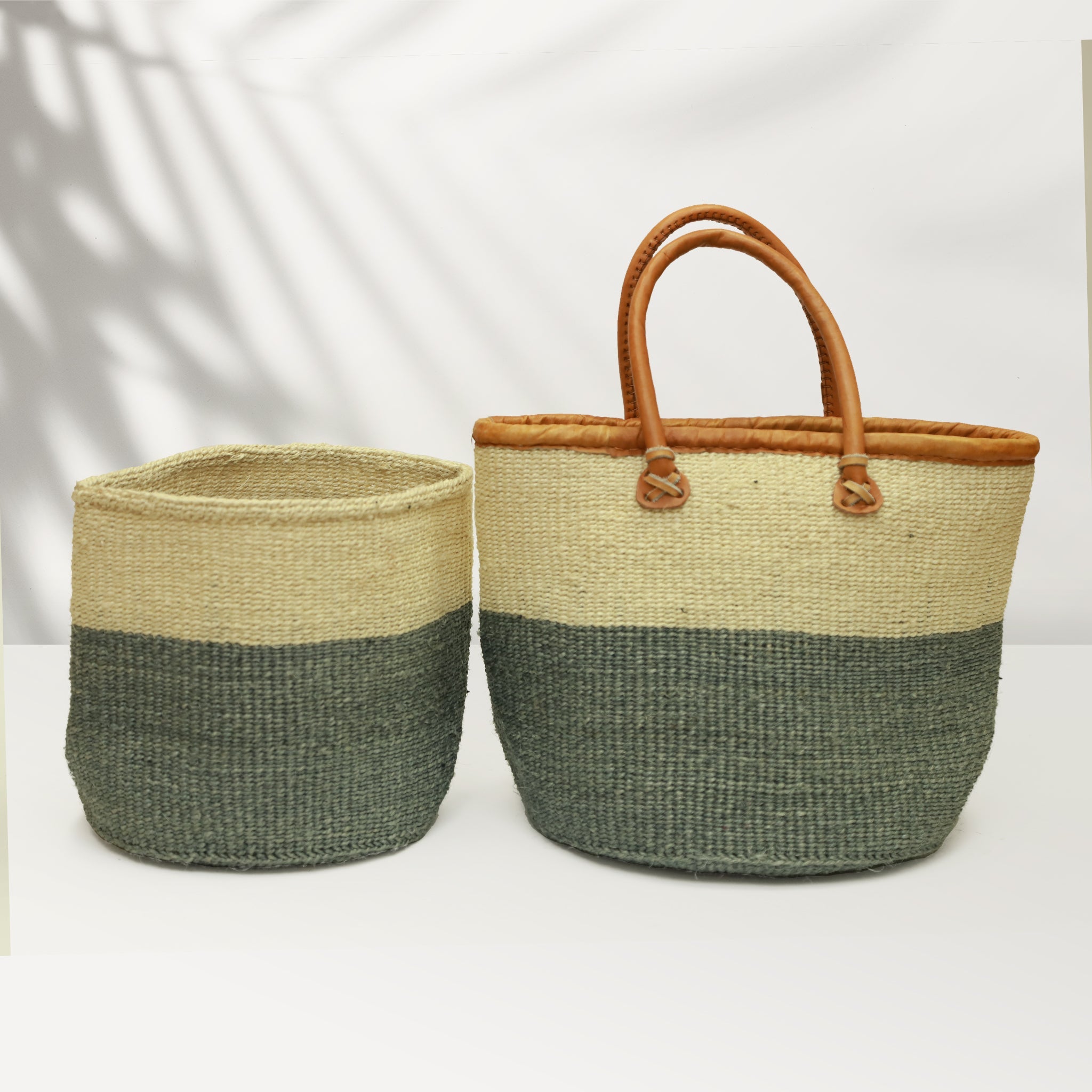 AFRICAN SHOPPING KIONDO  Two-Tone Handwoven Basket with handles for Storage Set  12” and 10” - Tobmarc Home Decor & Gifts 