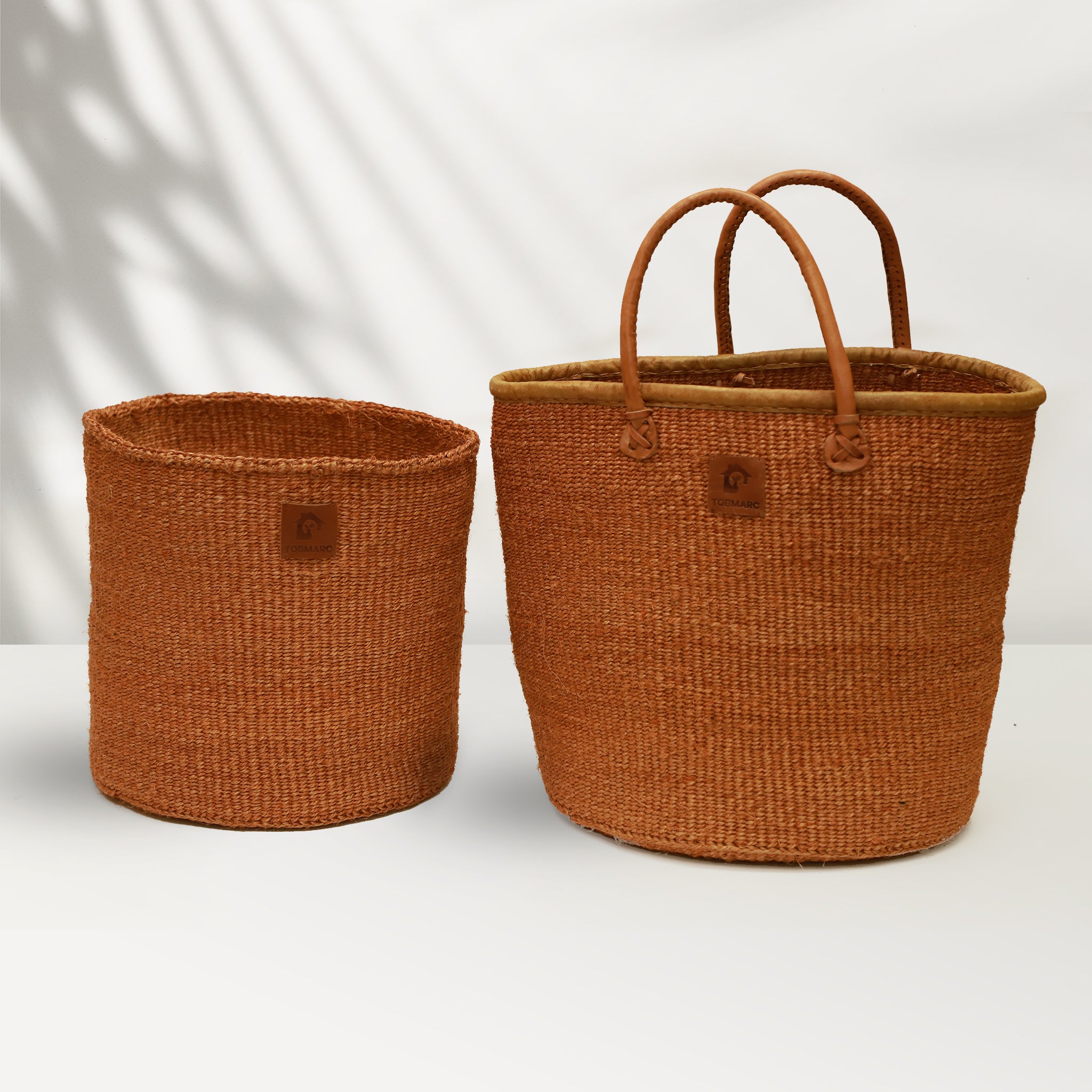 EARTHTONE2- WOVEN BASKETbasket, African basket, Market basket with leather handles, Woven tote bags, African storage basket, Gift for her, African bags - Tobmarc Home Decor & Gifts 