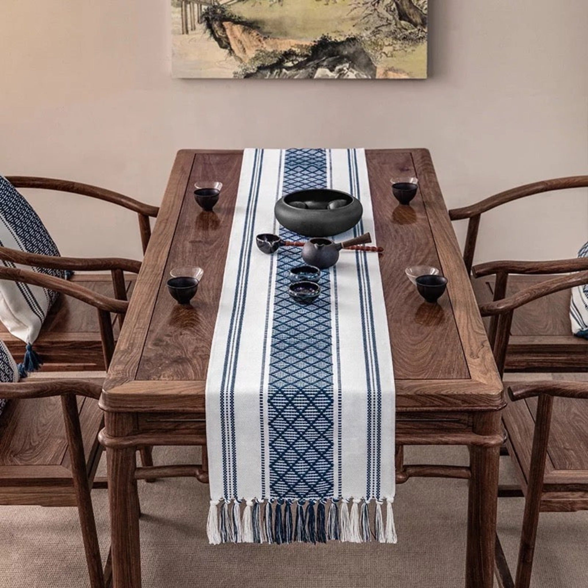 Bohemian Table Runner Blue Woven with Tassels Decoration runner for all occasions