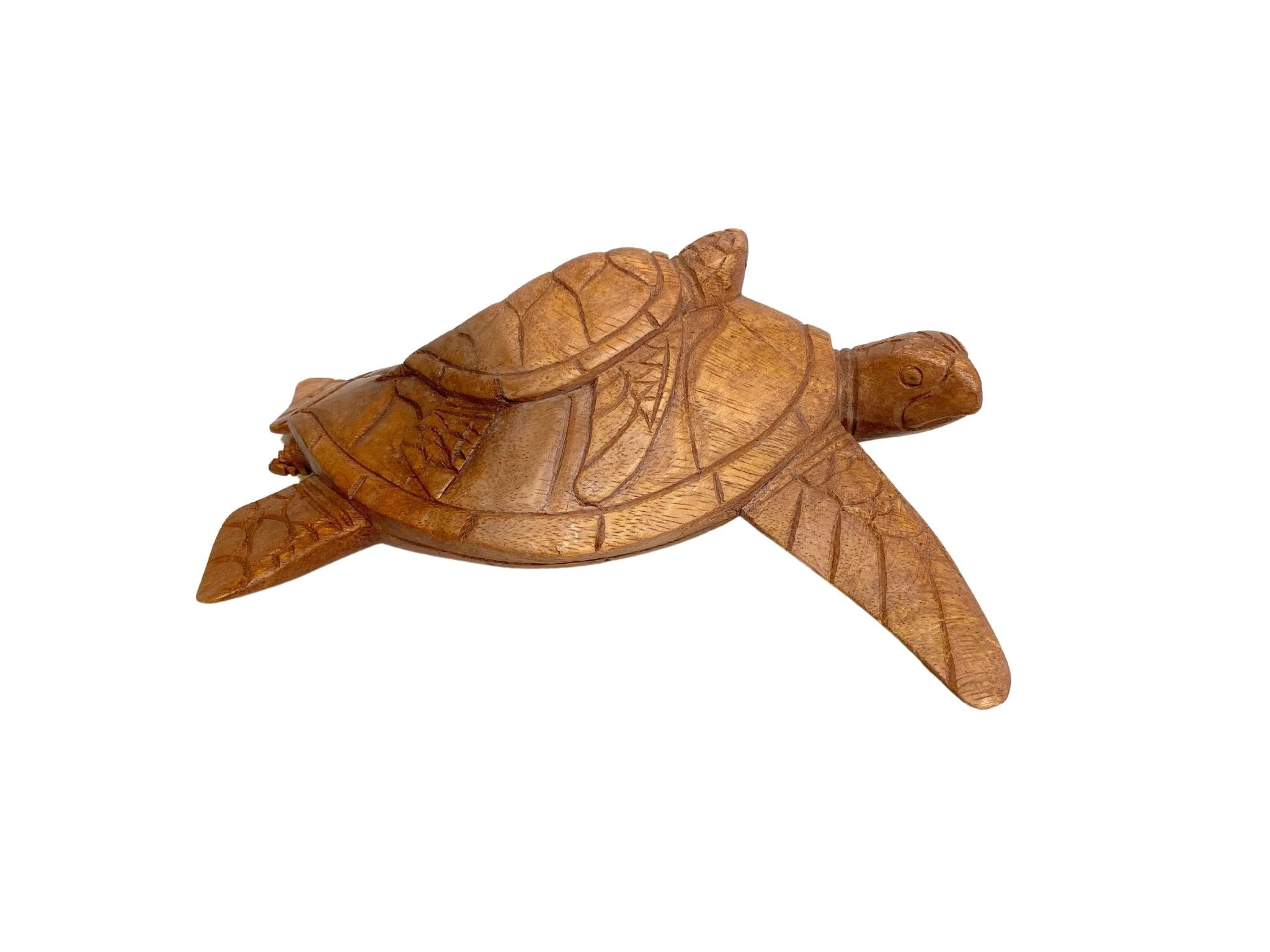 Wood Sea Turtle Sculpture from Bali, Turtle Mother with Baby on Back Sculpture Solid Wood Wooden Tortoise Home Decor Sculpture Statue Hand Carved Figurine - Tobmarc Home Decor & Gifts 