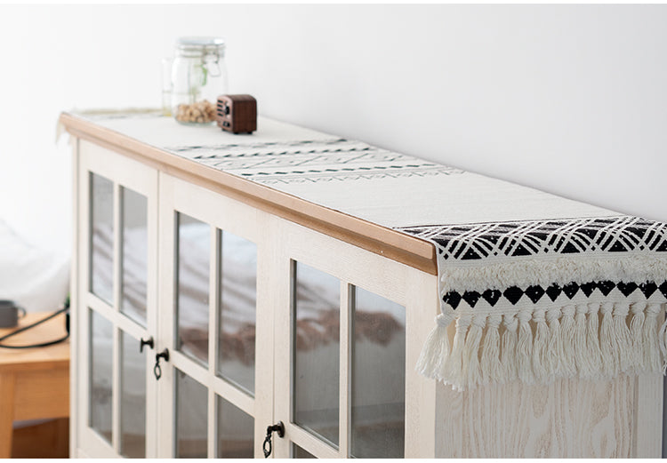 Tobmarc Table Runner Bohemian Black and White Cotton Hand Woven Tufted Diamond Pattern Table Runner with Tassels for Living Room Kitchen Home Decor - Tobmarc Home Decor & Gifts 