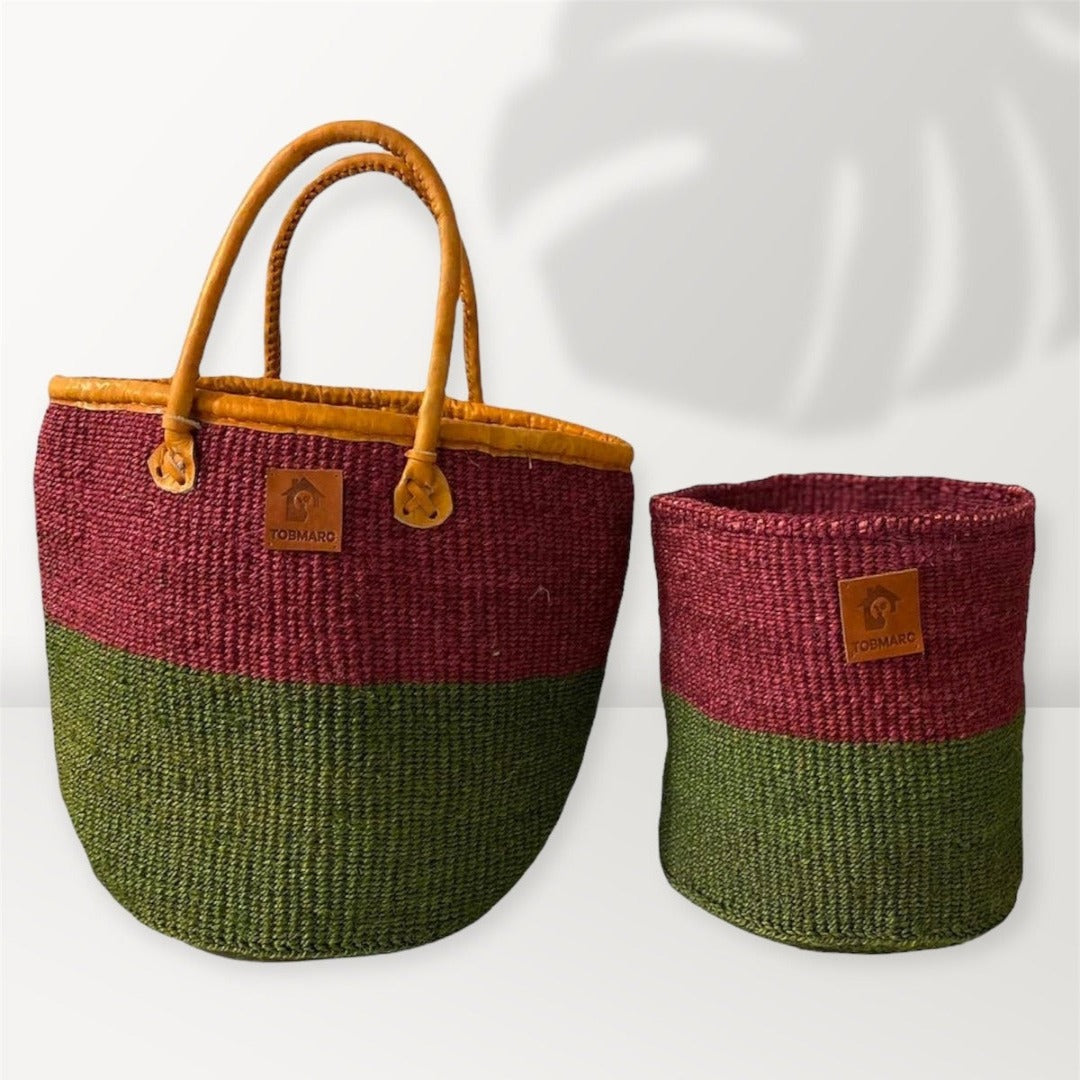 AFRICAN KIONDO  Two-Tone Handwoven Basket with handles for Storage Set  12” and 10” - Tobmarc Home Decor & Gifts 