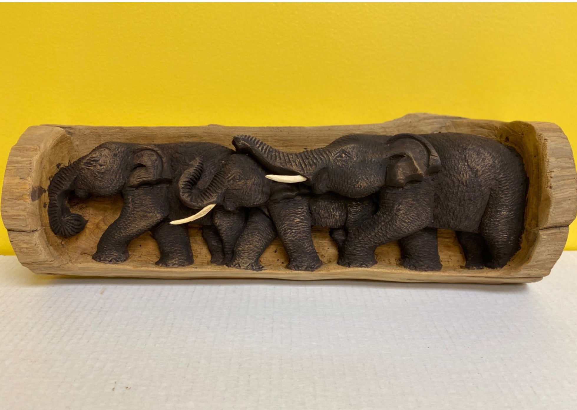 Teak Wood Carving Of Three Elephants Family Natural Art Hand Carved Elephant Home Decor Wall Hanging 