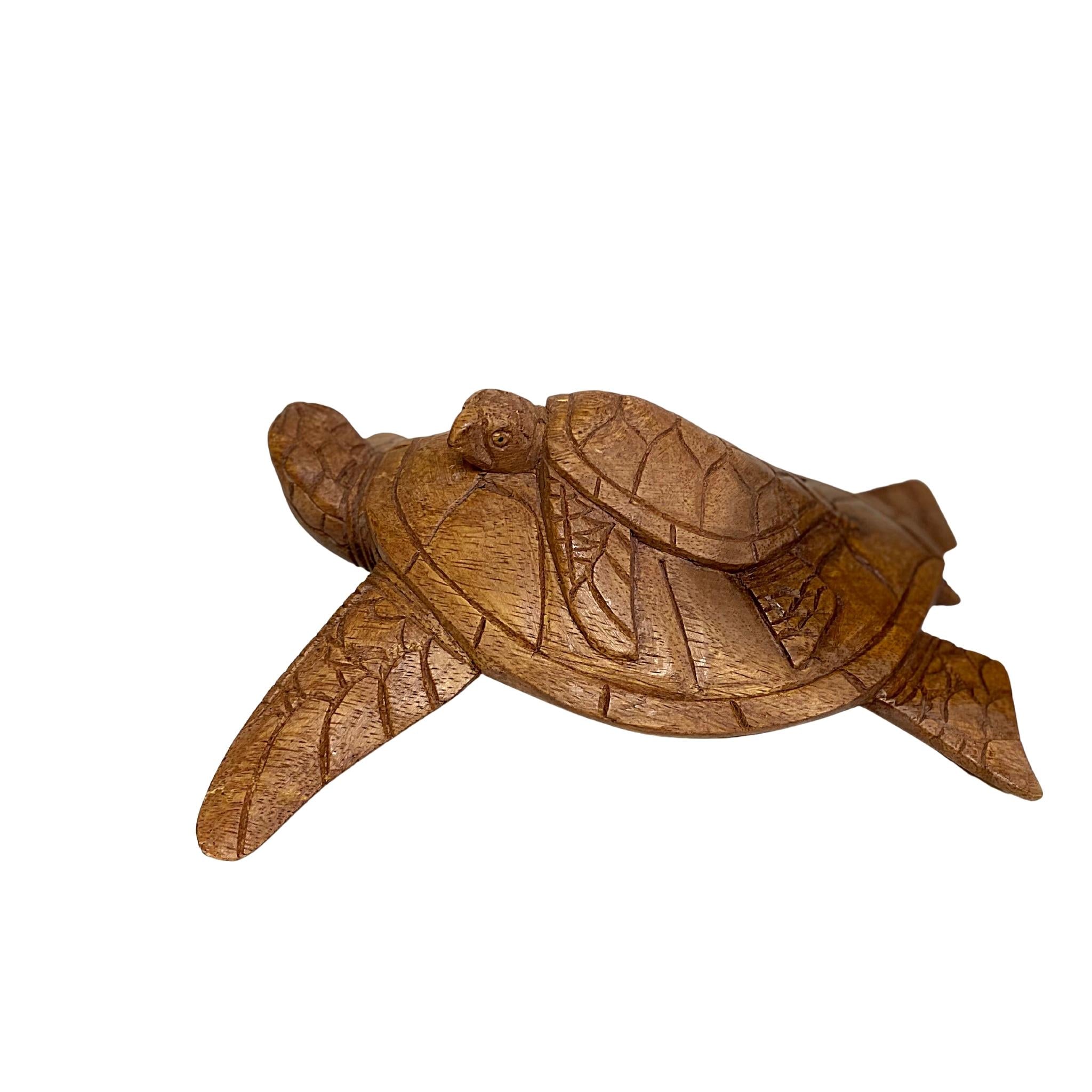 Wood Sea Turtle Sculpture from Bali, Turtle Mother with Baby on Back Sculpture Solid Wood Wooden Tortoise Home Decor Sculpture Statue Hand Carved Figurine - Tobmarc Home Decor & Gifts 