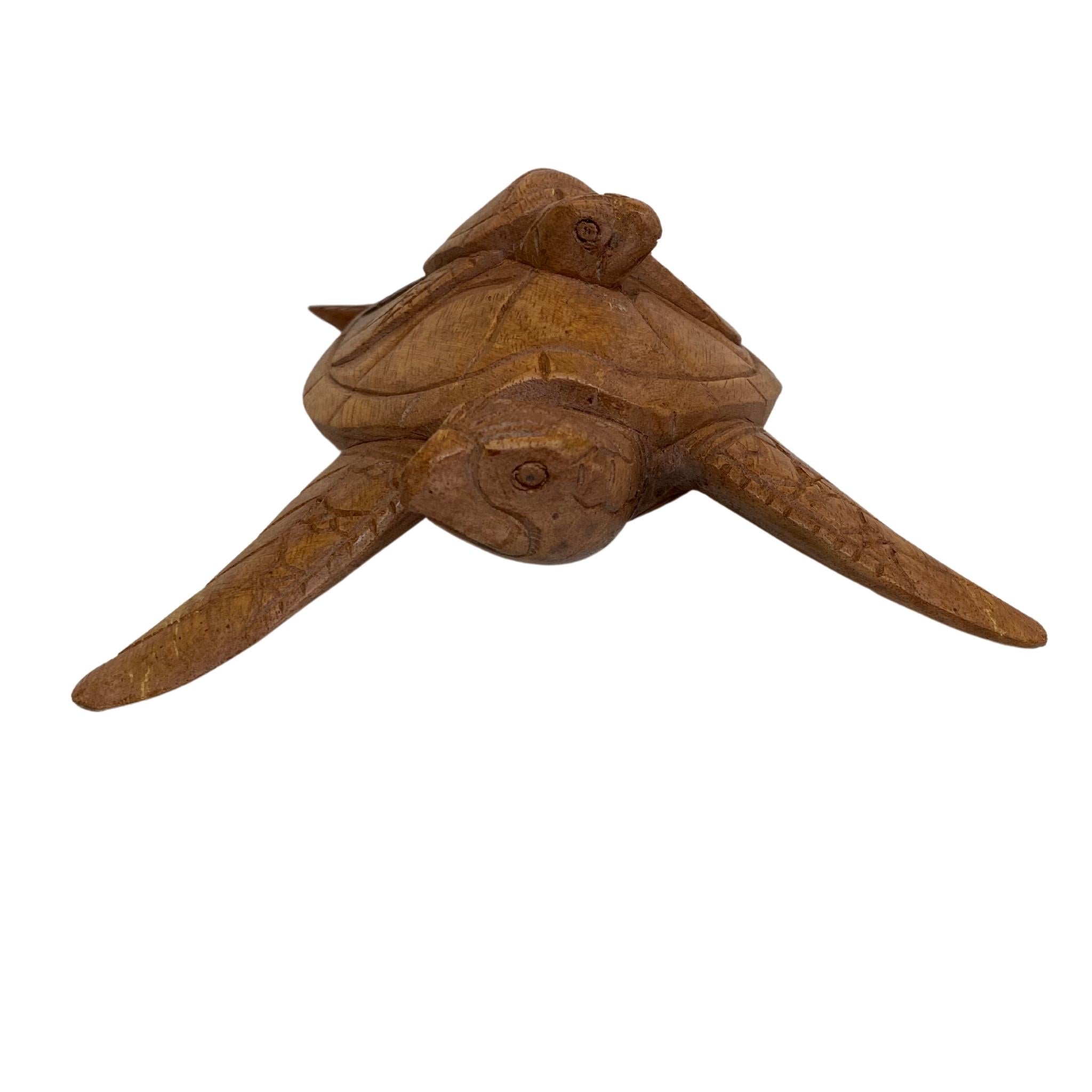 Wood Sea Turtle Sculpture from Bali, Turtle Mother with Baby on Back Sculpture Solid Wood Wooden Tortoise Home Decor Sculpture Statue Hand Carved Figurine - Tobmarc Home Decor & Gifts 