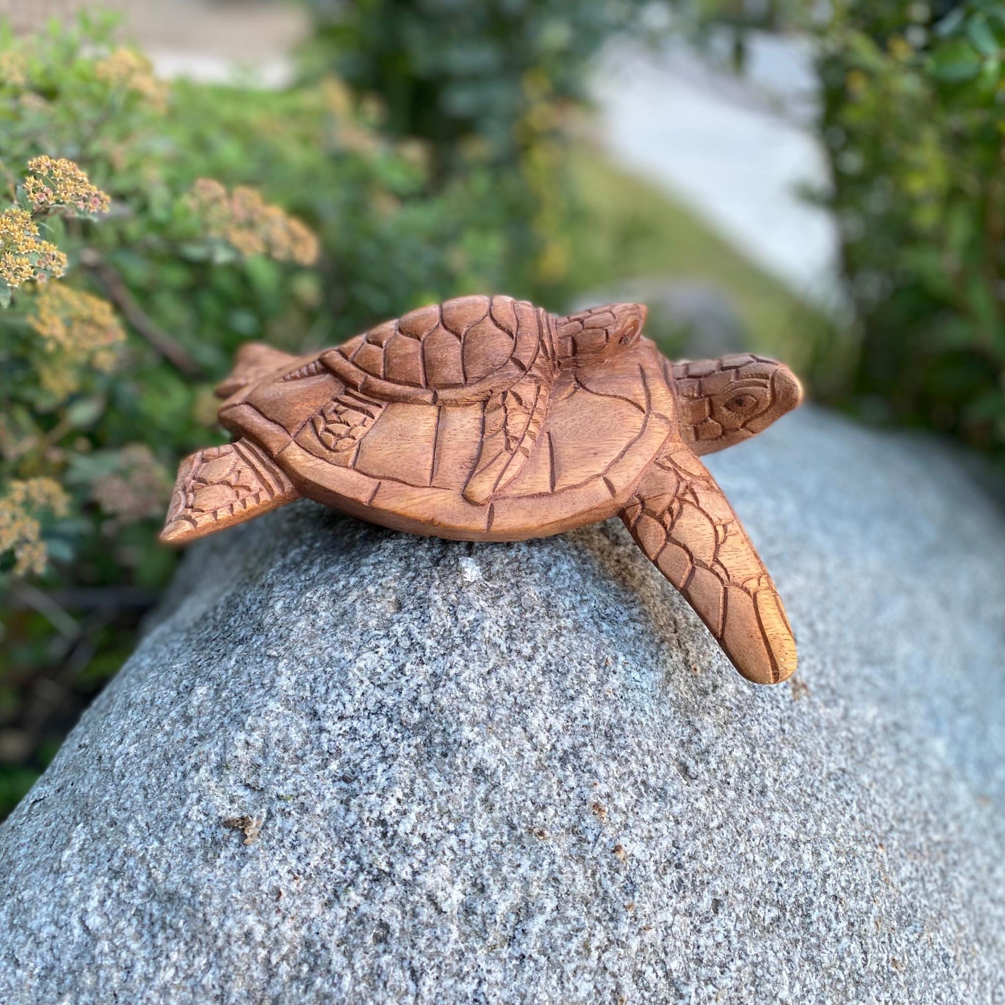 Wooden Tortoise Home Decor Sculpture Statue Turtle Mother with Baby Solid Sea Turtle Sculpture from Indonesia Hand Carved Turtle Figurine - Tobmarc Home Decor & Gifts 