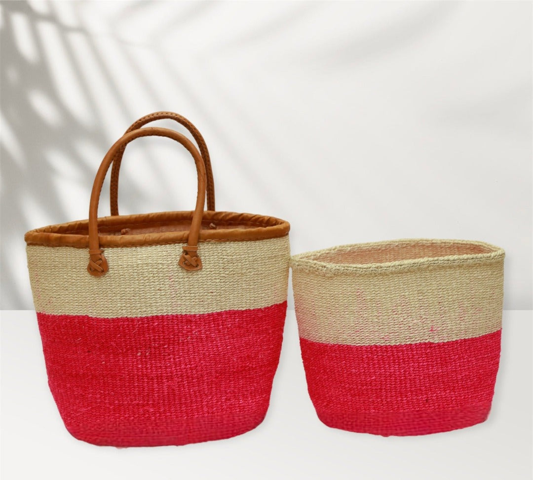 AFRICAN KIONDO  Two-Tone Handwoven Basket with handles for Storage Set  12” and 10” - Tobmarc Home Decor & Gifts 