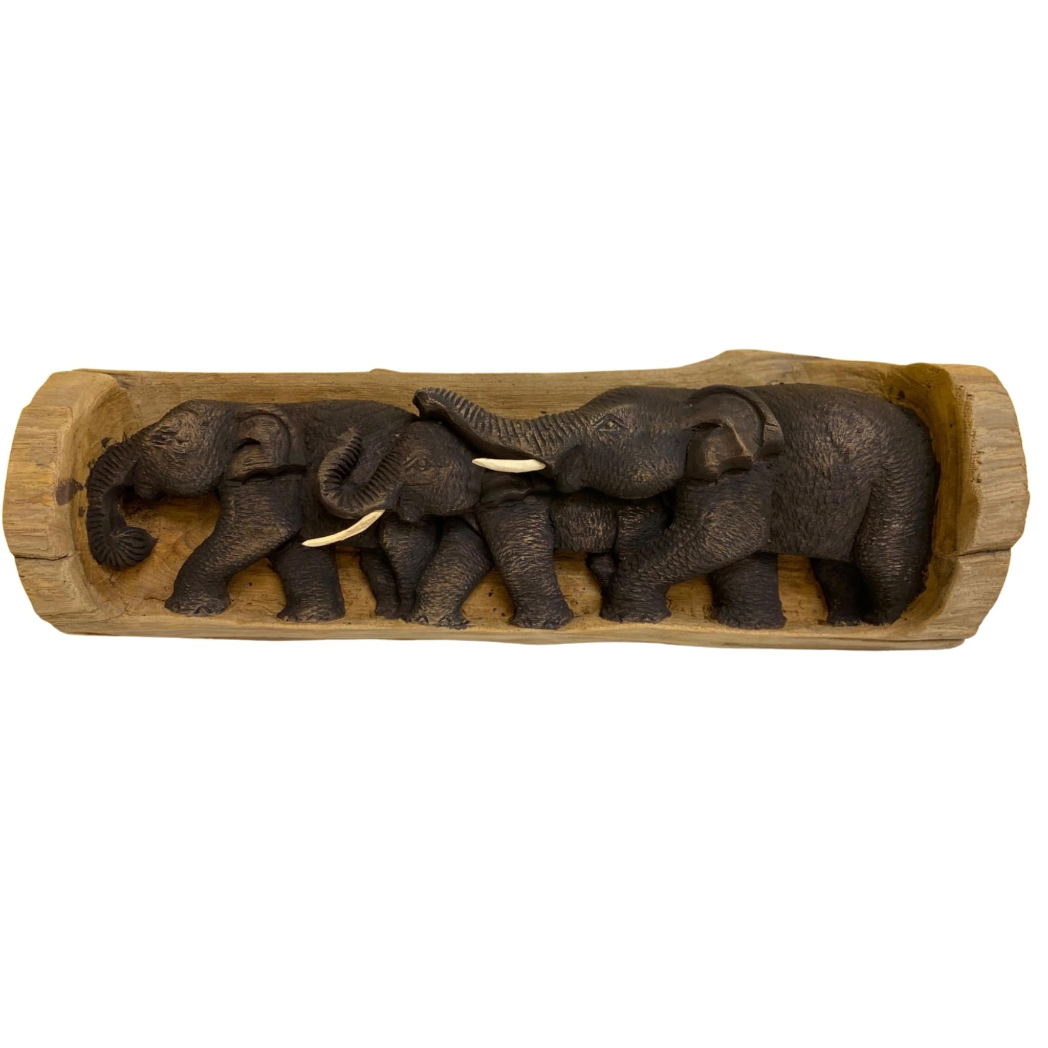 Hand carved Teak wood Elephants Family Wall Decor hanging Plate - Tobmarc Home Decor & Gifts 