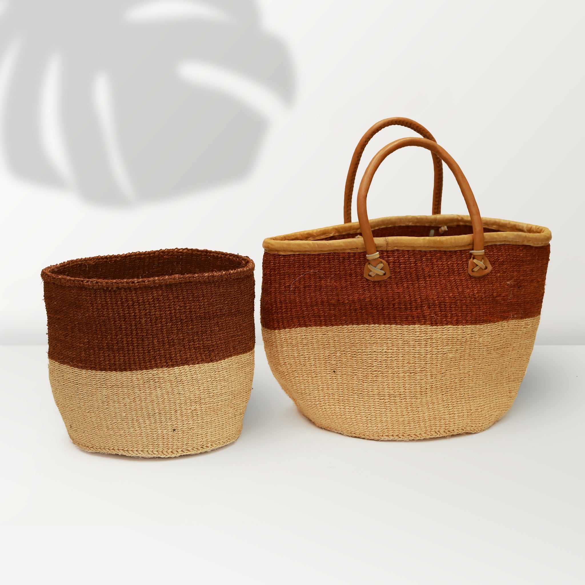 AFRICAN SHOPPING KIONDO  Two-Tone Handwoven Basket with handles for Storage Set  12” and 10” - Tobmarc Home Decor & Gifts 