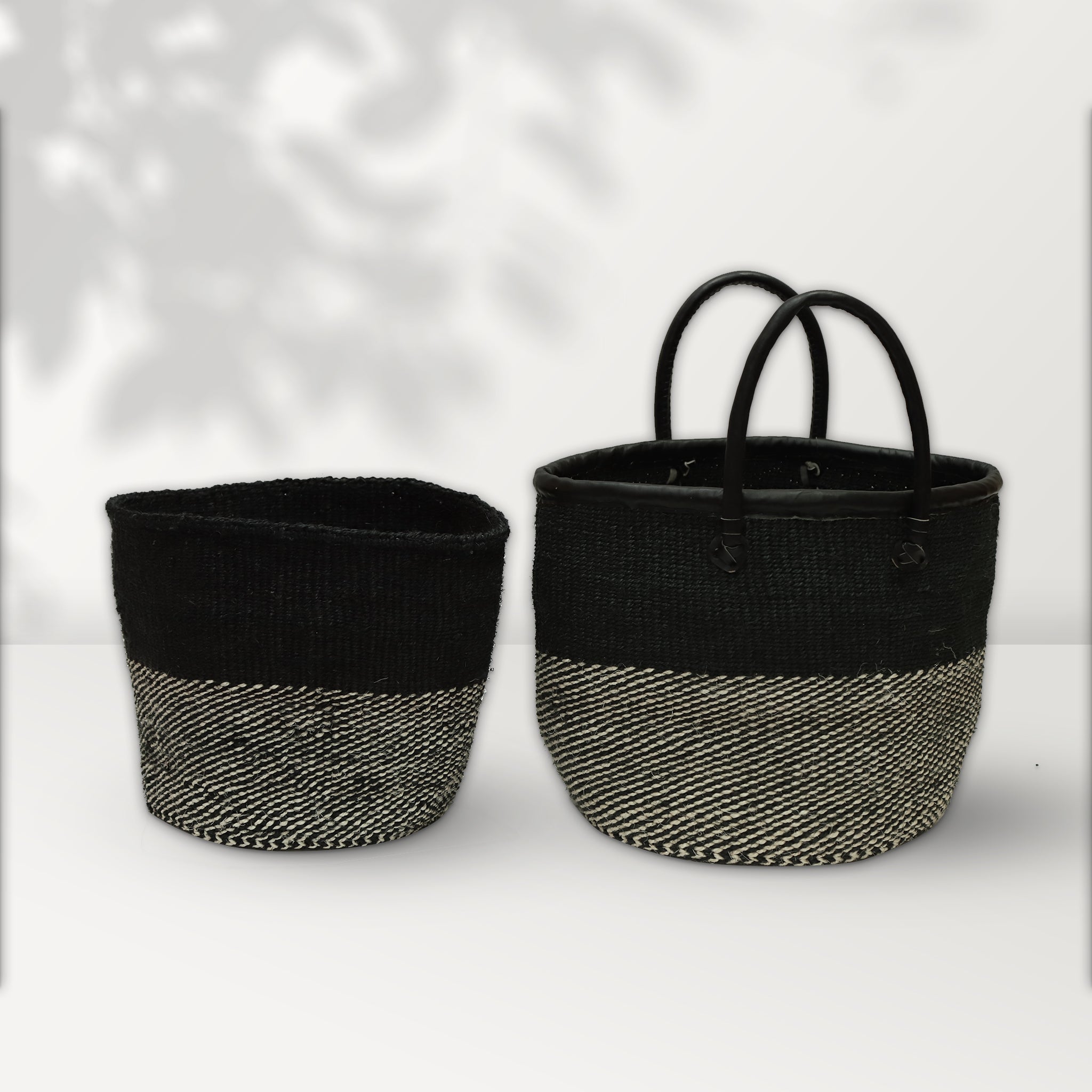 AFRICAN SHOPPING KIONDO  Two-Tone Handwoven Basket with handles for Storage Set  12” and 10” - Tobmarc Home Decor & Gifts 