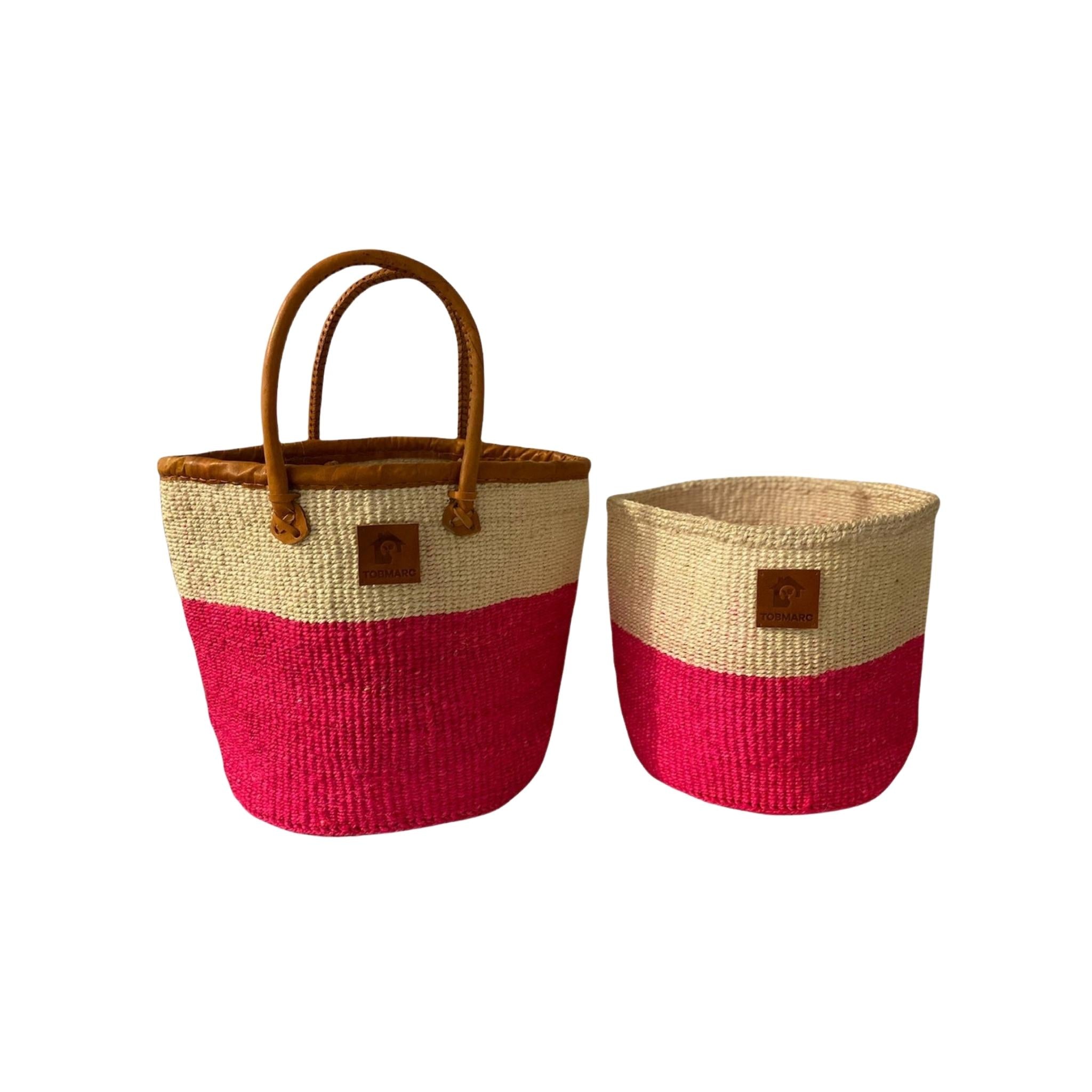 AFRICAN SHOPPING KIONDO  Two-Tone Handwoven Basket with handles for Storage Set  12” and 10” - Tobmarc Home Decor & Gifts 