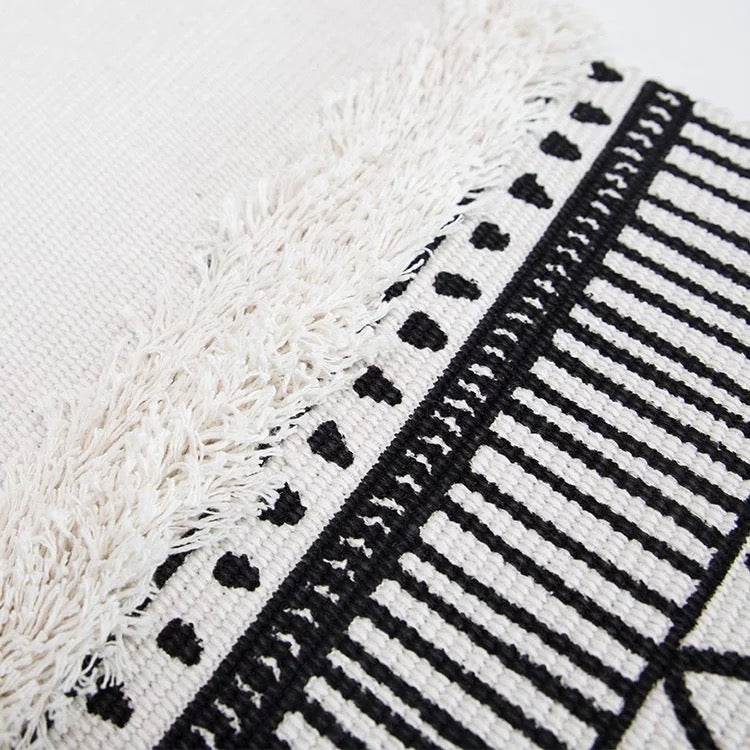 Handmade Macrame Cotton Striped Black and White Bohemian Cotton Handmade Woven Tufted Diamond Pattern Table Runner Tassels for Living Room - Tobmarc Home Decor & Gifts 