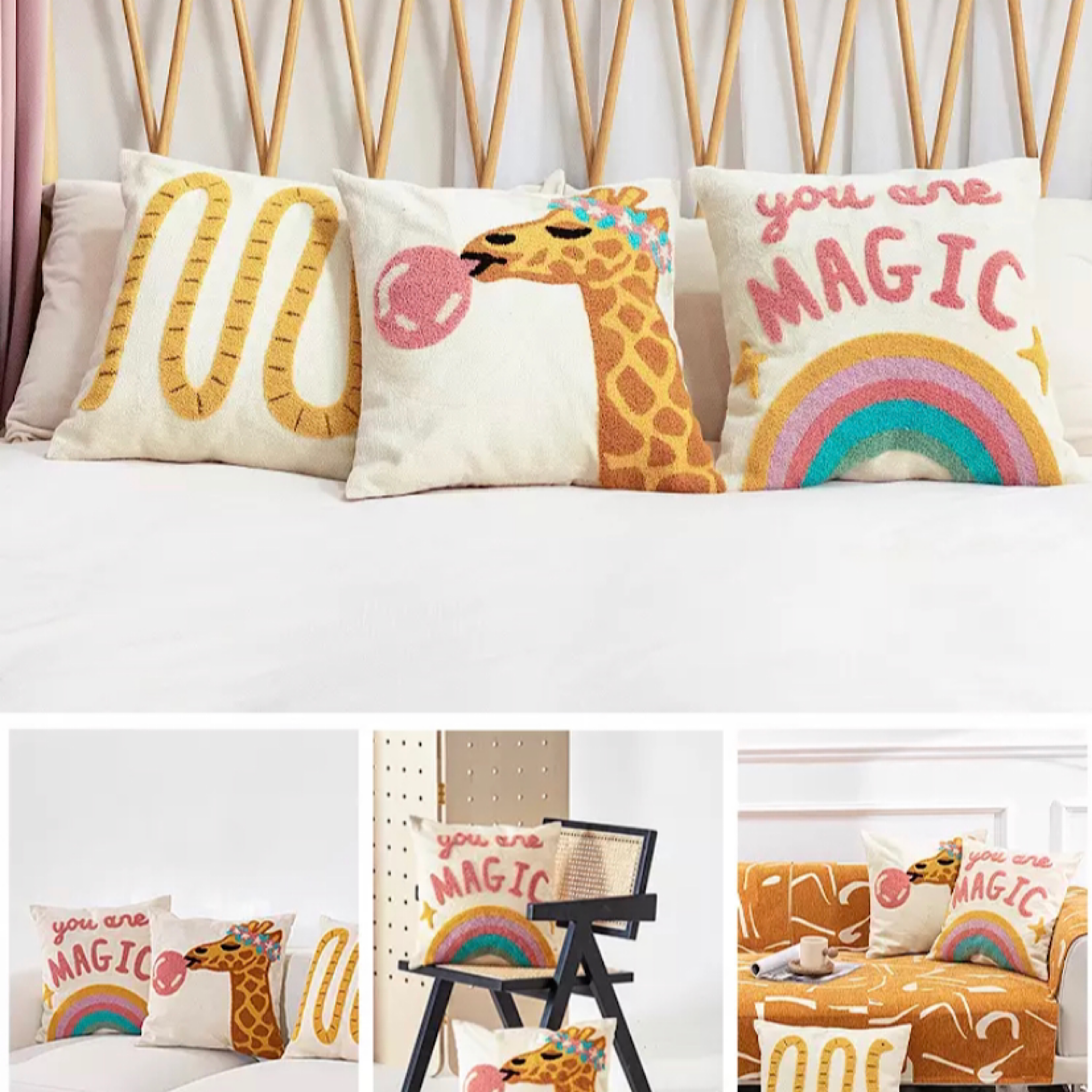 Rainbow Animal Pattern pillow cover cartoon Kids Room Décor 100% Cotton Embroidery throw Cushion Cover 45cmx45cm - Tobmarc Home Decor & Gifts 