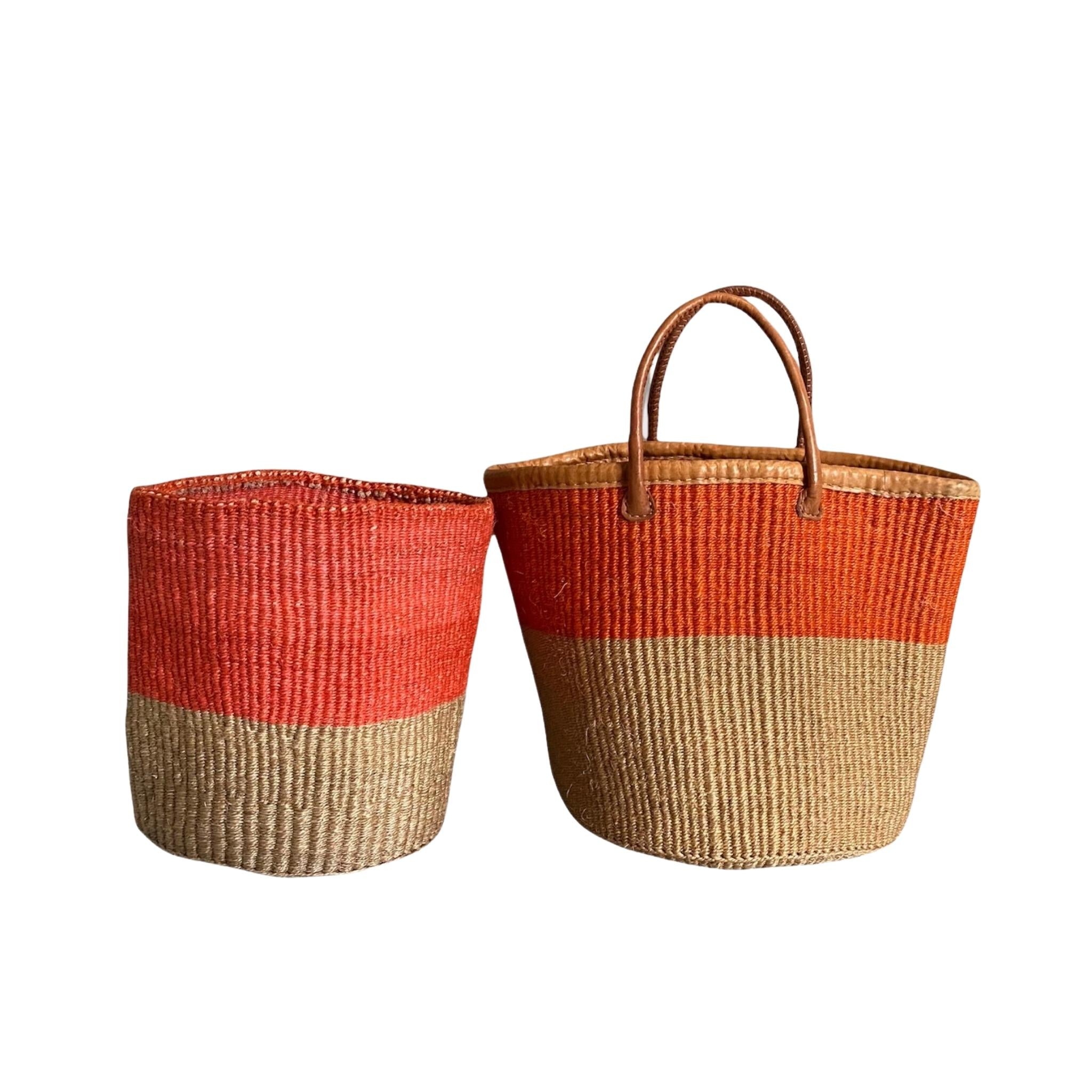 AFRICAN SHOPPING KIONDO  Two-Tone Handwoven Basket with handles for Storage Set  12” and 10” - Tobmarc Home Decor & Gifts 