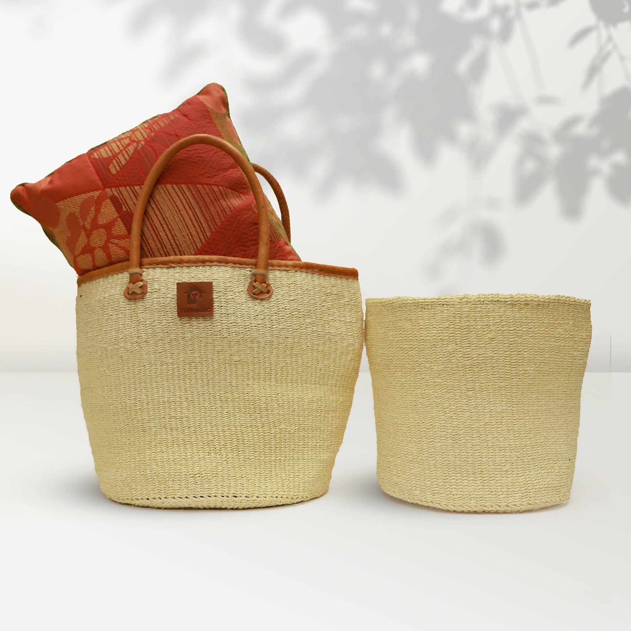 AFRICAN SHOPPING KIONDO  Two-Tone Handwoven Basket with handles for Storage Set  12” and 10” - Tobmarc Home Decor & Gifts 