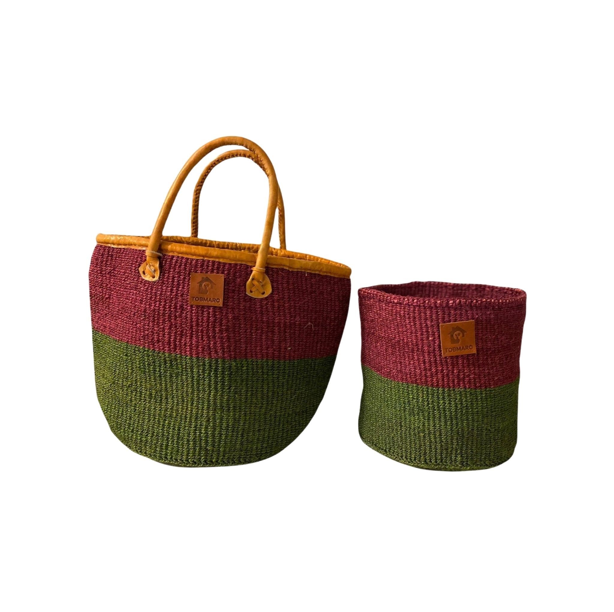 AFRICAN SHOPPING KIONDO  Two-Tone Handwoven Basket with handles for Storage Set  12” and 10” - Tobmarc Home Decor & Gifts 