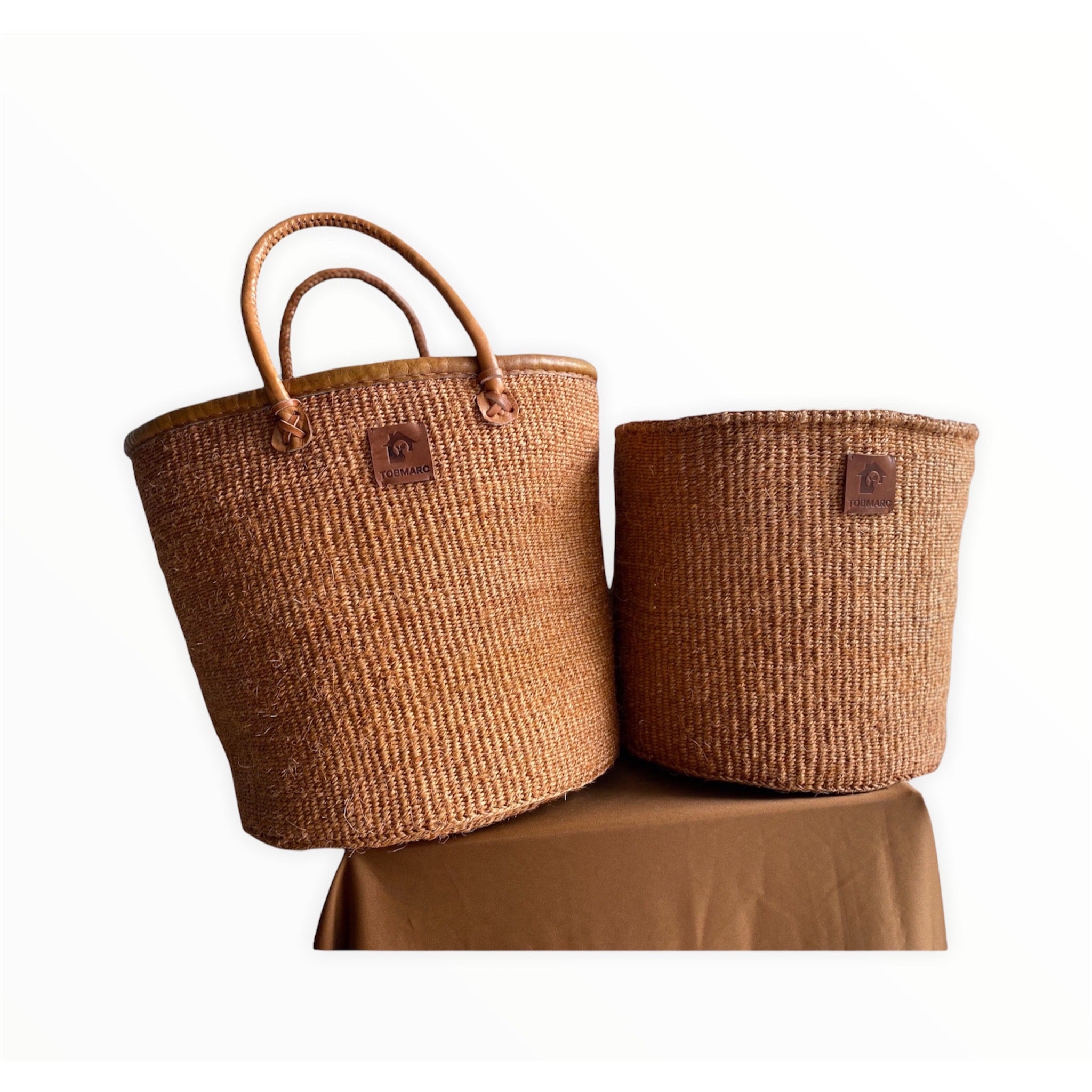 Woven basket, African basket, Market basket with leather handles, Woven tote bags, African storage basket, Gift for her, African bags - Tobmarc Home Decor & Gifts 