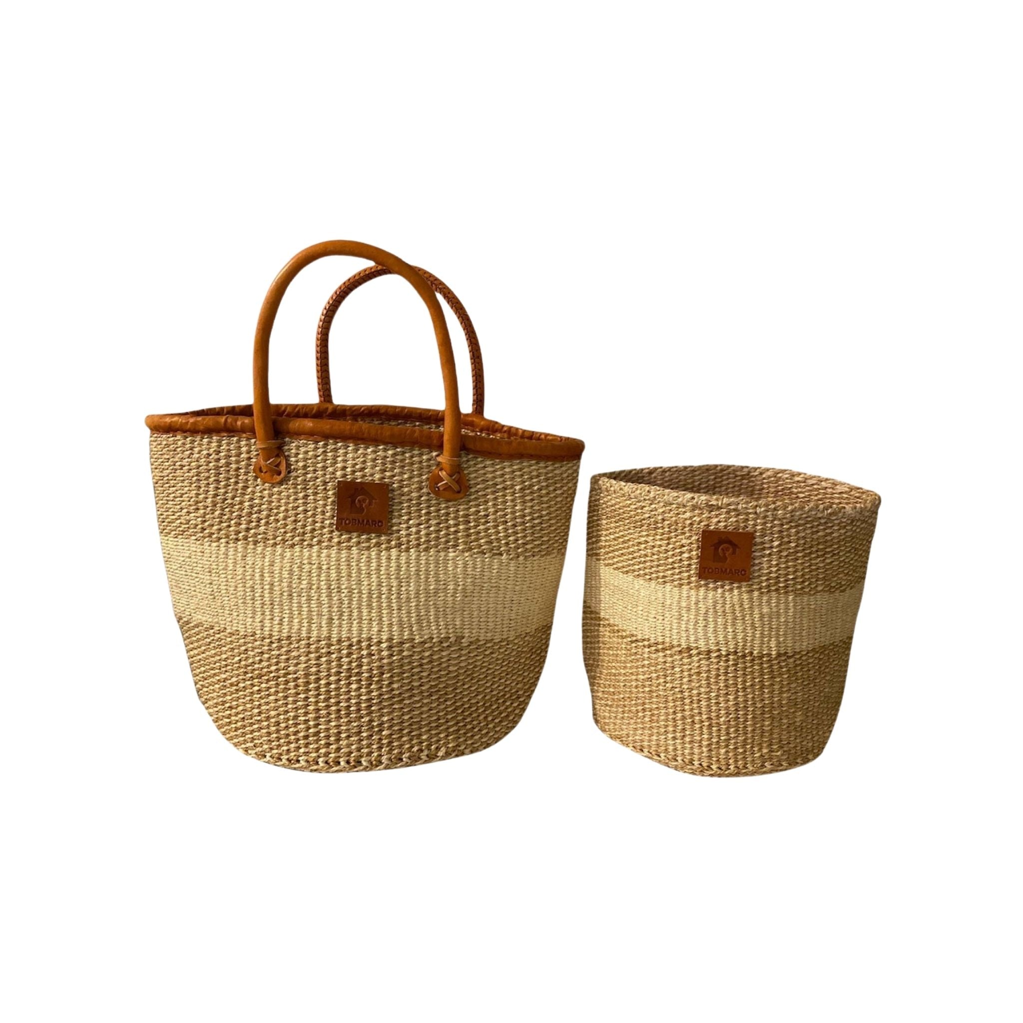 AFRICAN SHOPPING KIONDO  Two-Tone Handwoven Basket with handles for Storage Set  12” and 10” - Tobmarc Home Decor & Gifts 