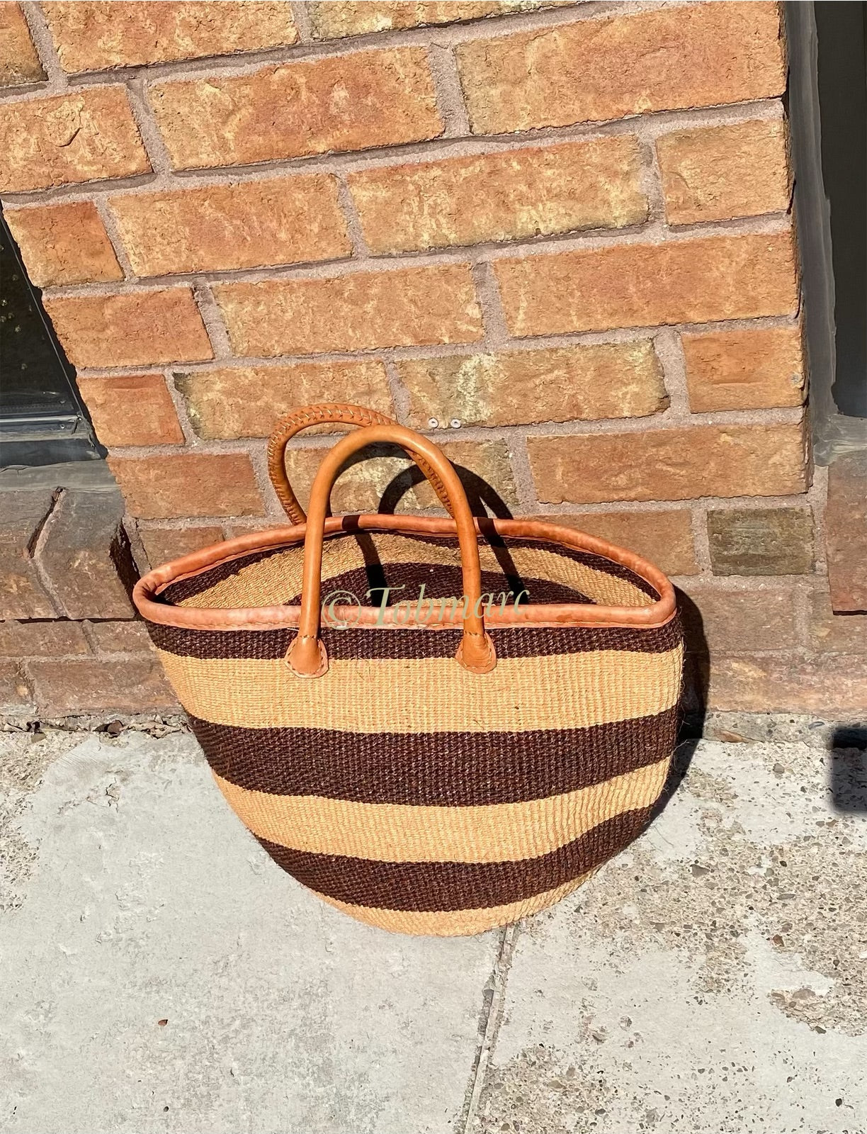 Storage Basket, Brown and Beige African Basket with Leather Handle, Shopping Bag, Beach Bag - Tobmarc Home Decor & Gifts 