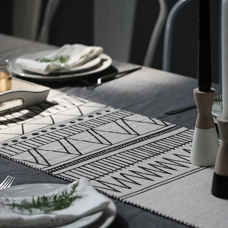 Handmade Macrame Cotton Striped Black and White Bohemian Cotton Handmade Woven Tufted Diamond Pattern Table Runner Tassels for Living Room - Tobmarc Home Decor & Gifts 