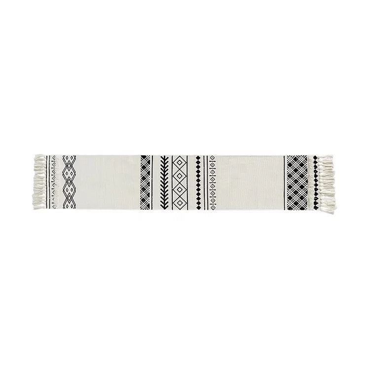 Black and White Bohemian Cotton Handmade Woven Tufted Diamond Pattern Table Runner Tassels for Living Room Kitchen Party - Tobmarc Home Decor & Gifts 