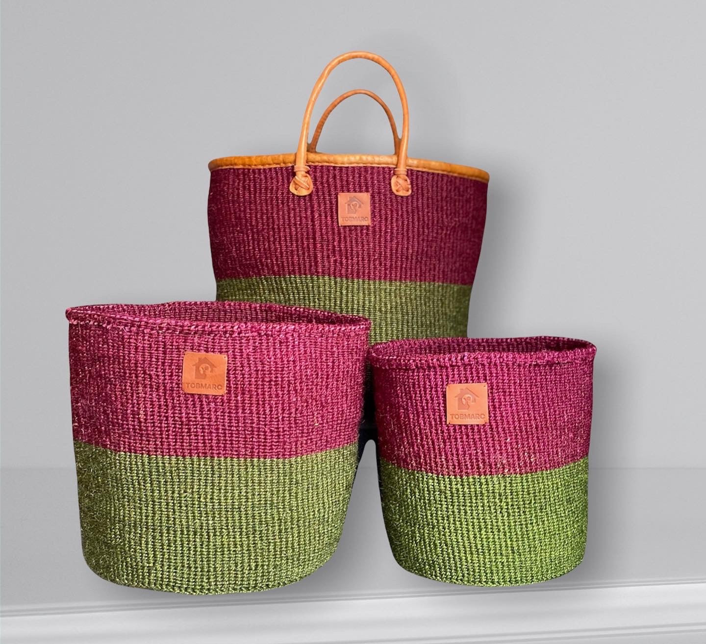 AFRICAN KIONDO  Two-Tone Handwoven Basket with handles for Storage Set  12” and 10” - Tobmarc Home Decor & Gifts 