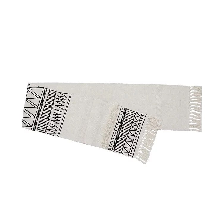 Handmade Macrame Cotton Striped Black and White Bohemian Cotton Handmade Woven Tufted Diamond Pattern Table Runner Tassels for Living Room - Tobmarc Home Decor & Gifts 