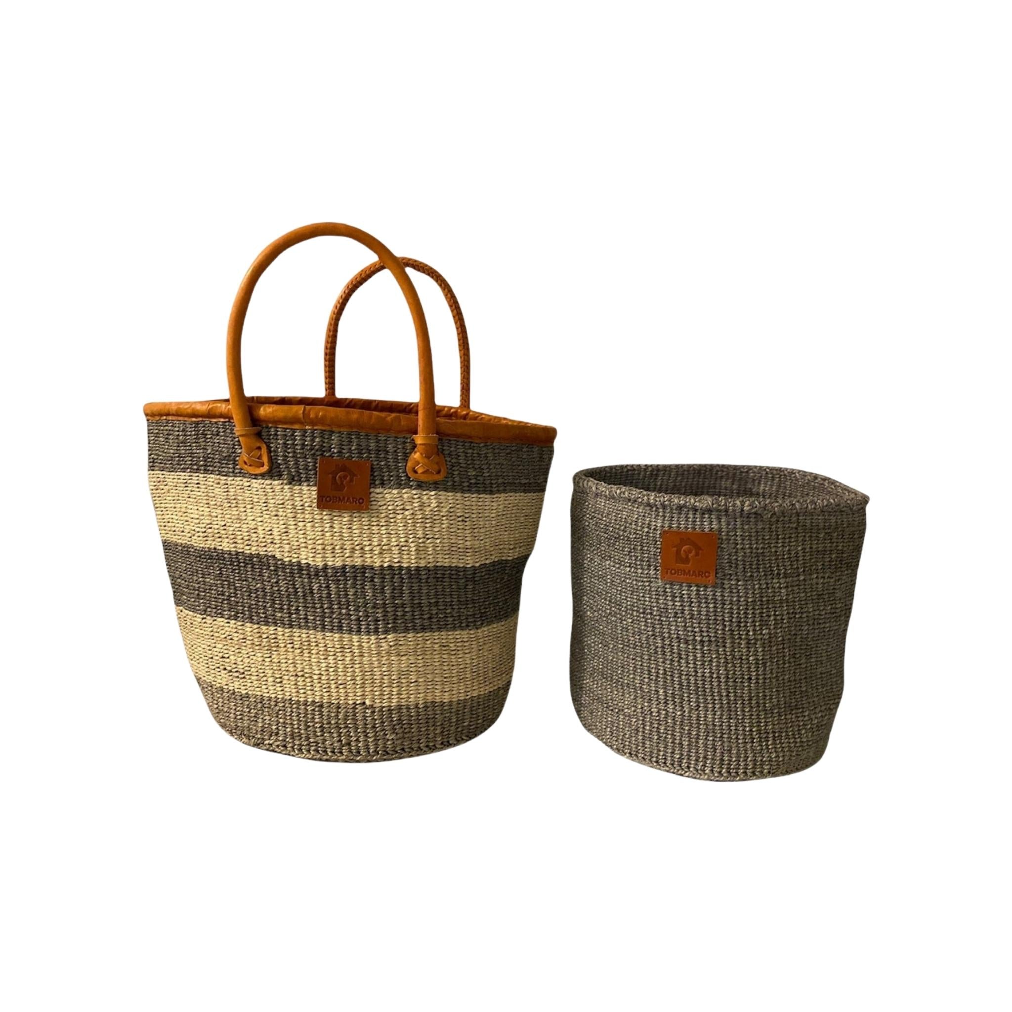AFRICAN SHOPPING KIONDO  Two-Tone Handwoven Basket with handles for Storage Set  12” and 10” - Tobmarc Home Decor & Gifts 