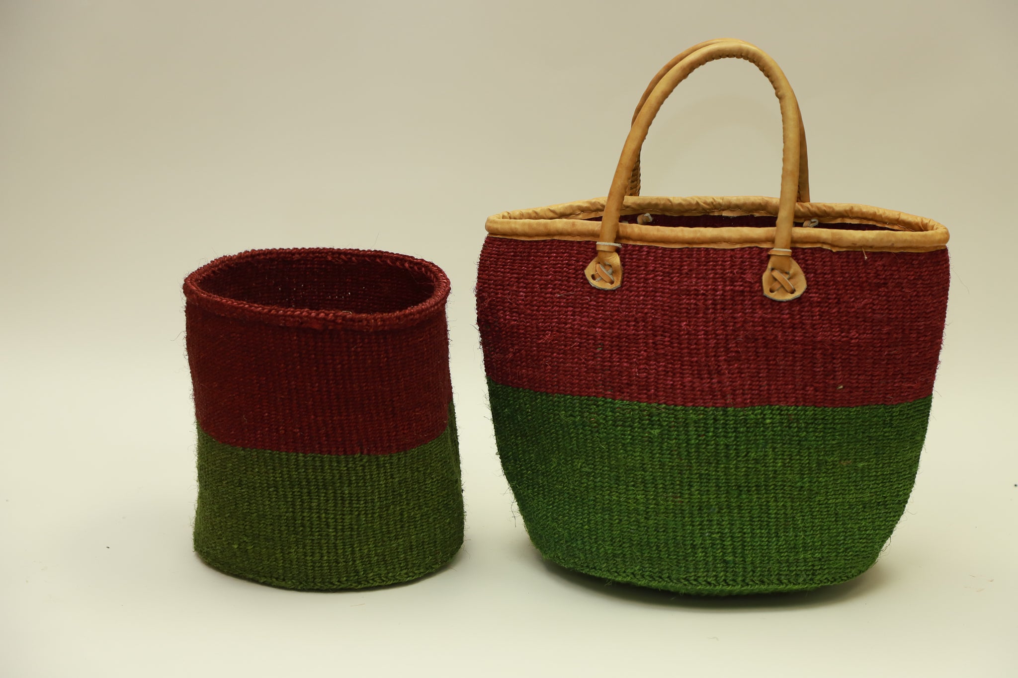 AFRICAN KIONDO  Two-Tone Handwoven Basket with handles for Storage Set  12” and 10” - Tobmarc Home Decor & Gifts 