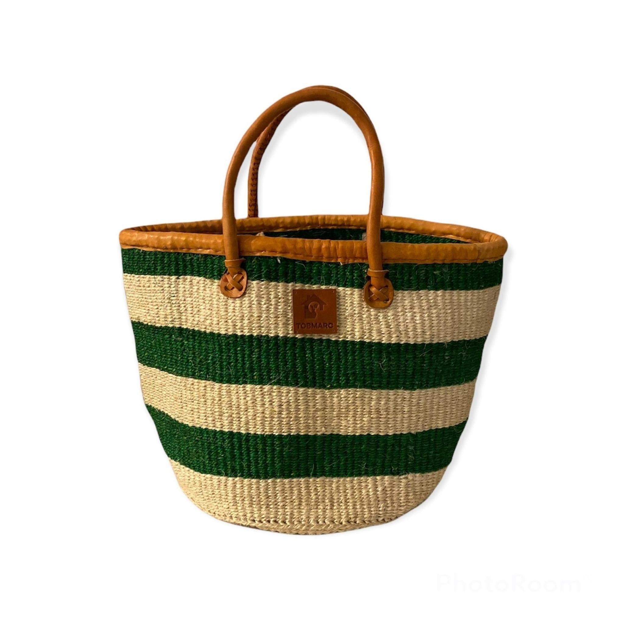 AFRICAN SHOPPING KIONDO  Two-Tone Handwoven Basket with handles for Storage Set  12” and 10” - Tobmarc Home Decor & Gifts 