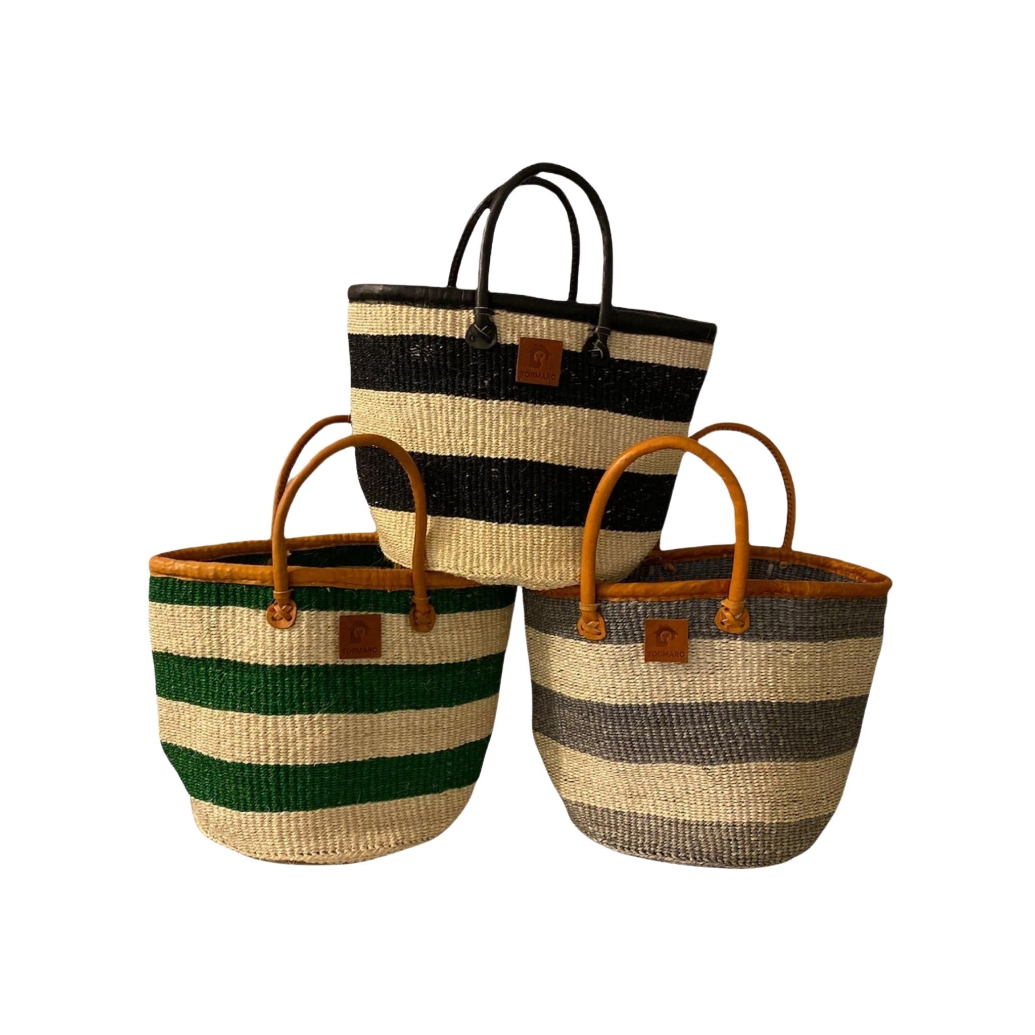 AFRICAN SHOPPING KIONDO  Two-Tone Handwoven Basket with handles for Storage Set  12” and 10” - Tobmarc Home Decor & Gifts 